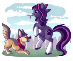 Size: 1000x826 | Tagged: safe, artist:lulubell, oc, oc only, oc:serene, dog, earth pony, german shepherd, pony, coat markings, female, fetch, mare, mouth hold, rearing, socks (coat markings), solo, transparent background