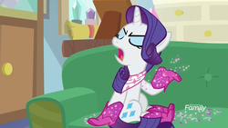Size: 1920x1080 | Tagged: safe, screencap, rarity, pony, unicorn, g4, the end in friend, angry, boots, couch, female, gesture, glitter, glitter boots, mare, messy, neckerchief, shoes, sitting, solo, starlight's office