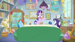 Size: 1920x1080 | Tagged: safe, screencap, rainbow dash, rarity, starlight glimmer, pegasus, pony, unicorn, g4, the end in friend, angry, book, bookshelf, boots, calendar, candy dish, clothes, couch, crystal, discovery family logo, disgusted, female, flower, geode, gesture, inkwell, kite, mare, picture, poster, quill pen, rock, saddle bag, school of friendship, scroll, shoes, sitting, starlight's office, teapot