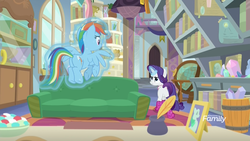 Size: 1920x1080 | Tagged: safe, screencap, rainbow dash, rarity, pegasus, pony, unicorn, g4, the end in friend, angry, book, bookshelf, boots, candy dish, clothes, couch, discovery family logo, eye contact, female, flying, frown, glare, glitter boots, globe, glowing horn, horn, hourglass, inkwell, levitation, looking at each other, magic, mare, narrowed eyes, neckerchief, potion, quill pen, school of friendship, scroll, shoes, smiling, smirk, starlight's office, telekinesis, trophy