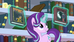 Size: 1920x1080 | Tagged: safe, screencap, daring do, starlight glimmer, pegasus, pony, unicorn, g4, the end in friend, book, bookshelf, cute, daring do and the razor of dreams, discovery family logo, female, glimmerbetes, glowing horn, horn, levitation, library, magic, mare, school of friendship, shadow spade, smiling, solo, telekinesis, the colt in crimson