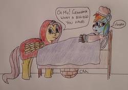 Size: 1238x875 | Tagged: safe, artist:rapidsnap, fluttershy, rainbow dash, pegasus, pony, g4, bed, little red riding hood, traditional art, unamused