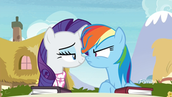 Size: 1920x1080 | Tagged: safe, screencap, rainbow dash, rarity, pegasus, pony, unicorn, g4, the end in friend, angry, bickering, book, boop, eye contact, female, frown, lidded eyes, looking at each other, mare, narrowed eyes, neckerchief, nose to nose, nose wrinkle, noseboop, out of context, patronizing, ponyville, shipping fuel, smug, smugity
