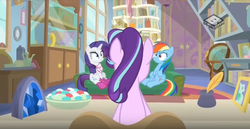 Size: 1067x549 | Tagged: safe, screencap, rainbow dash, rarity, starlight glimmer, pegasus, pony, unicorn, g4, the end in friend, animation error, book, bookshelf, boomerang (tv channel), boots, cabinet, couch, door, female, geode, glitter boots, inkwell, mare, neckerchief, picture frame, quill, shoes, starlight's office, trio
