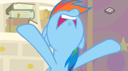 Size: 1064x596 | Tagged: safe, screencap, rainbow dash, g4, the end in friend, angry, book, bookshelf, boomerang (tv channel), drawer, looking up, nose in the air, scroll, starlight's office