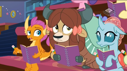 Size: 1065x601 | Tagged: safe, screencap, ocellus, smolder, yona, dragon, yak, g4, my little pony: friendship is magic, the end in friend, boomerang (tv channel), bow, cloven hooves, confused, dragoness, female, hair bow, notepad, pencil, raised eyebrow, seat, sitting, trio, youtube link