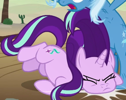 Size: 574x458 | Tagged: safe, screencap, starlight glimmer, trixie, pony, unicorn, g4, road to friendship, cropped, duo, duo female, faceplant, falling, female, mare, messy mane, solo focus