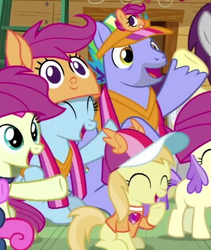 Size: 427x505 | Tagged: safe, screencap, alula, bon bon, bow hothoof, noi, pluto, sweetie drops, windy whistles, written script, earth pony, pegasus, pony, g4, the washouts (episode), clubhouse, cropped, crusaders clubhouse, cute, female, filly, implied scootaloo, male, mare, rainbow dash's parents, stallion, windybetes