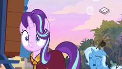 Size: 1280x720 | Tagged: safe, screencap, starlight glimmer, trixie, pony, unicorn, g4, road to friendship, clothes, crying, duo, duo female, female, mare, messy mane, robe, tree branch