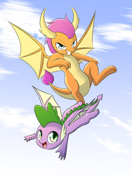 Size: 1500x2000 | Tagged: safe, artist:phoenixperegrine, smolder, spike, dragon, g4, molt down, cloud, cute, dragoness, female, flying, looking at you, male, patreon, patreon logo, sky, smiling, smolderbetes, spikabetes, winged spike, wings