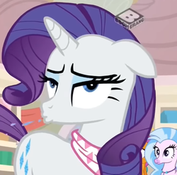 Size: 570x565 | Tagged: safe, screencap, rarity, silverstream, smolder, hippogriff, pony, unicorn, g4, the end in friend, bandana, boomerang (tv channel), cropped, female, horses doing horse things, mare, maturity, neckerchief, nickering, onomatopoeia, raspberry, raspberry noise, snorting, spit, store