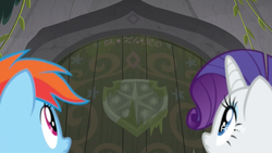 Size: 1920x1080 | Tagged: safe, screencap, rainbow dash, rarity, pegasus, pony, unicorn, g4, the end in friend, door, duo, elements of harmony, female, looking up, mare, ruins, shield, twilight's cutie mark, vine