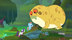 Size: 1920x1080 | Tagged: safe, screencap, rainbow dash, rarity, bufogren, pegasus, pony, unicorn, g4, the end in friend, boots, cattails, discovery family logo, female, froggy bottom bog, glitter boots, mare, reeds, shoes, swamp, tree