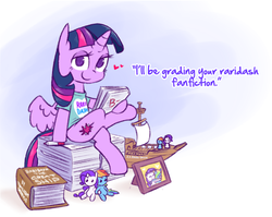 Size: 831x663 | Tagged: safe, artist:raridashdoodles, rainbow dash, rarity, twilight sparkle, alicorn, pony, g4, the end in friend, book, bottomless, clothes, dialogue, fanfic, female, gradient background, heart, lesbian, literal shipping, mare, model ship, partial nudity, picture frame, plushie, rainbow dash plushie, rarity plushie, ship:raridash, shiplight sparkle, shipper on deck, shipping, sitting, solo, twilight sparkle (alicorn)