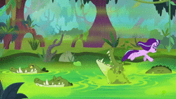 Size: 1280x720 | Tagged: safe, screencap, starlight glimmer, trixie, crocodile, pony, unicorn, g4, road to friendship, animated, bipedal, breaking the fourth wall, butt, duo, duo female, female, foreshadowing, fourth wall, glimmer glutes, hooves, jumping, mangrove tree, mare, plot, sound, swamp, tree, we're friendship bound, webm