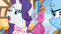 Size: 1064x598 | Tagged: safe, screencap, rainbow dash, rarity, pony, unicorn, g4, the end in friend, bandana, boomerang (tv channel), boots, cafe, female, glitter boots, mare, neckerchief, outdoors, rainbow dash is not amused, rarity is not amused, shoes, unamused