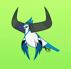 Size: 249x239 | Tagged: safe, screencap, bird, blue jay, g4, party pooped, ambiguous gender, animal, cropped, fake horns, flying, green background, simple background, solo, yak horns