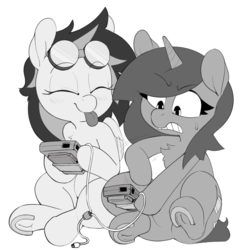 Size: 1280x1332 | Tagged: safe, artist:whydomenhavenipples, oc, oc only, oc:fizzy pop, oc:scribble, pegasus, pony, unicorn, female, game boy, mare, solo, tongue out