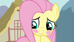 Size: 1280x720 | Tagged: safe, screencap, fluttershy, pegasus, pony, g4, keep calm and flutter on, blushing, cute, female, mare, shyabetes, solo
