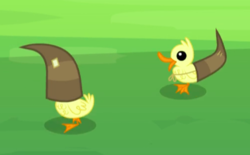 Size: 378x234 | Tagged: safe, screencap, bird, g4, party pooped, animal, cropped, duckling, duo, fake horns, open beak, yak horns