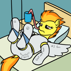 Size: 1280x1280 | Tagged: safe, artist:mkogwheel, spitfire, pegasus, pony, g4, the washouts (episode), bed, body cast, cast, female, full body wing and hoof cast drinking through a straw, hospital, implied fleetfire, injured, mare, spitfire in a full body wing and hoof cast drinking through a straw, straw