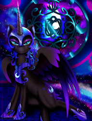 Size: 2940x3858 | Tagged: safe, artist:darksly, nightmare moon, alicorn, pony, g4, armor, female, helmet, high res, looking at you, mare, moon, solo