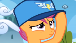 Size: 1366x768 | Tagged: safe, screencap, scootaloo, pony, g4, the washouts (episode), boomerang (tv channel), cap, female, filly, hat, kepi, wonderbolts