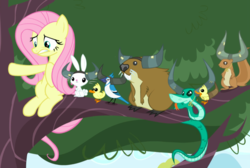 Size: 946x636 | Tagged: safe, screencap, angel bunny, fluttershy, rupert, beaver, bird, blue jay, pony, rabbit, snake, squirrel, g4, party pooped, animal, cropped, duckling, fake horns, female, looking down, mare, sitting in a tree, tree branch, yak horns