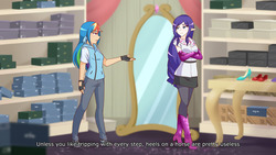 Size: 1280x720 | Tagged: safe, artist:jonfawkes, rainbow dash, rarity, human, g4, the end in friend, boots, clothes, elf ears, evening gloves, fingerless gloves, glitter boots, gloves, high heel boots, humanized, long gloves, mirror, neckerchief, open mouth, scene interpretation, shoe store, shoes, unicorns as elves, wing ears