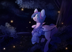 Size: 2200x1600 | Tagged: safe, artist:skylacuna, oc, oc only, oc:star carmon, firefly (insect), pegasus, pony, clothes, commission, crossed hooves, hoodie, lights, looking up, male, night, smiling, solo, stallion, stars, tree, tree branch