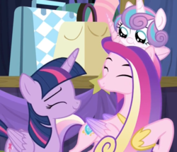 Size: 1638x1408 | Tagged: safe, screencap, princess cadance, princess flurry heart, twilight sparkle, alicorn, pony, g4, road to friendship, baby, baby pony, colored wings, cropped, cute, cutedance, eyes closed, female, filly, flurry heart riding cadance, flurrybetes, foal, folded wings, gradient wings, mare, ponies riding ponies, pony hat, riding, sisters-in-law, smiling, trio, twiabetes, twilight sparkle (alicorn), wings