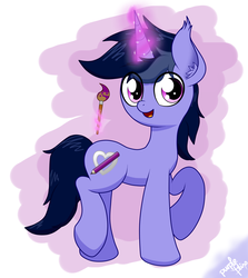 Size: 3161x3550 | Tagged: safe, artist:php142, oc, oc only, oc:purple flix, pony, unicorn, ear fluff, high res, looking at you, male, paint, paintbrush, raised hoof, smiling, solo, standing