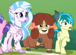 Size: 940x679 | Tagged: safe, screencap, sandbar, silverstream, yona, classical hippogriff, earth pony, hippogriff, pony, yak, a matter of principals, g4, bow, cloven hooves, female, hair bow, jewelry, male, monkey swings, necklace, raised hoof, shocked, teenager, trio