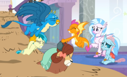 Size: 1684x1014 | Tagged: safe, screencap, gallus, ocellus, sandbar, silverstream, smolder, yona, changedling, changeling, classical hippogriff, dragon, earth pony, griffon, hippogriff, pony, yak, a matter of principals, g4, bow, cloven hooves, dragoness, female, hair bow, jewelry, male, monkey swings, necklace, rescue, scared, student six, teenager