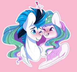 Size: 1768x1649 | Tagged: safe, artist:skylacuna, princess celestia, oc, oc:zerra, alicorn, pegasus, pony, g4, blushing, bust, canon x oc, cheek to cheek, commission, couple, duo, female, grin, heart, looking at each other, male, mare, one eye closed, pegasus oc, rubbing cheeks, smiling, stallion, straight