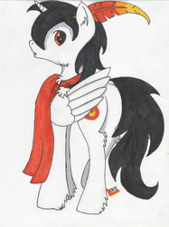 Size: 1280x1712 | Tagged: safe, artist:☲, oc, oc only, oc:ember storm, alicorn, pony, alicorn oc, chest fluff, clothes, dock, ear fluff, feather, looking back, male, scarf, simple background, solo, traditional art, unshorn fetlocks, white background