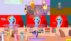 Size: 3648x2112 | Tagged: safe, artist:mellowbomb, applejack, fluttershy, pinkie pie, rainbow dash, rarity, twilight sparkle, oc, oc:cloudy weathers, comic:calamity fateful, g4, 1000 hours in ms paint, dialogue, high res, mane six