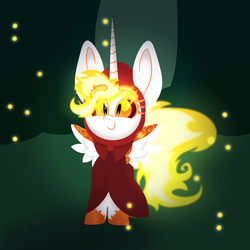 Size: 2000x2000 | Tagged: safe, artist:binkyt11, derpibooru exclusive, daybreaker, pony, g4, atg 2018, cute, diabreaker, eyebrows, female, filly, forest, great flaming eyebrows, high res, little red riding hood, mane of fire, newbie artist training grounds, samurai jack, solo, younger