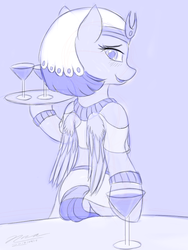 Size: 960x1280 | Tagged: safe, artist:novaintellus, somnambula, pegasus, pony, atg 2018, bipedal, blushing, clothes, cocktail glass, drink, female, glass, hoof hold, human shoulders, humanoid torso, looking at you, looking back, looking back at you, mare, martini glass, monochrome, newbie artist training grounds, signature, sketch, solo, tray, waitress, wine glass