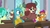 Size: 999x562 | Tagged: safe, screencap, gallus, ocellus, sandbar, smolder, yona, changedling, changeling, dragon, griffon, pony, yak, a rockhoof and a hard place, g4, cloven hooves, desk, female, male, pointing, raised eyebrow, school of friendship