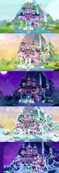 Size: 1360x3936 | Tagged: safe, screencap, a hearth's warming tail, g4, non-compete clause, school daze, architecture, autumn, background, castle, comparison, day, evening, moon, night, scenery, school of friendship, snow, summer, winter