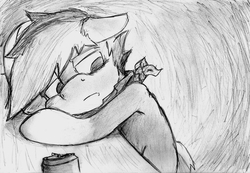 Size: 1521x1054 | Tagged: safe, artist:spackle, oc, oc only, oc:buck evergreen, pony, alcohol, bandana, beer, depression, floppy ears, lonely, male, melancholy, monochrome, sad, slumped, solo, stallion, table, traditional art, vent art
