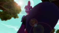 Size: 1024x576 | Tagged: safe, artist:johnnyxluna, tempest shadow, g4, 3d, blurry background, blurryface, female, giant tempest shadow, giantess, hoof shoes, hooves, lens flare, looking at you, looking down, looming over, macro, smiling, source filmmaker, sun