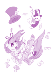 Size: 900x1264 | Tagged: safe, artist:dstears, angel bunny, fluttershy, pony, rabbit, g4, alice in wonderland, atg 2018, clothes, crossover, falling, female, hat, male, mare, monochrome, newbie artist training grounds, pocket watch, purple, simple background, top hat, white background, white rabbit