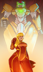 Size: 3000x5000 | Tagged: safe, artist:checkerboardazn, applejack, human, g4, bodysuit, breasts, busty applejack, curvy, female, humanized, light skin, mecha, solo, wide hips