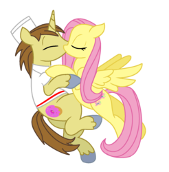 Size: 1370x1390 | Tagged: safe, artist:brianblackberry, artist:moonlightthegriffon, donut joe, fluttershy, pony, g4, base used, bottomless, clothes, female, flutterjoe, kissing, male, partial nudity, shipping, show accurate, simple background, straight, transparent background