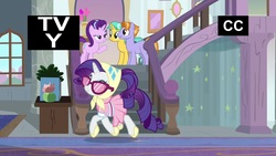 Size: 1920x1080 | Tagged: safe, screencap, auburn vision, citrine spark, fire quacker, rarity, starlight glimmer, earth pony, pony, unicorn, g4, the end in friend, camping outfit, clothes, eyes closed, female, friendship student, headscarf, male, mare, scarf, staircase, stallion, sunglasses, trotting