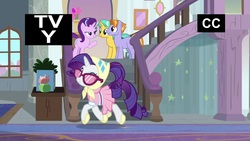 Size: 1920x1080 | Tagged: safe, screencap, auburn vision, citrine spark, rarity, starlight glimmer, earth pony, pony, unicorn, g4, the end in friend, camping outfit, clothes, eyes closed, female, friendship student, headscarf, male, mare, scarf, staircase, stallion, sunglasses, trotting