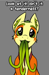 Size: 1261x1920 | Tagged: safe, artist:jcosneverexisted, oc, oc only, oc:non toxic, monster pony, original species, tatzlpony, cute, grammar error, looking at you, simple background, solo, tentacle tongue, tentacles, tongue out