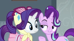 Size: 1920x1080 | Tagged: safe, screencap, rarity, starlight glimmer, pony, unicorn, g4, the end in friend, camping outfit, clothes, duo, female, headscarf, implied starity, lidded eyes, mare, scarf